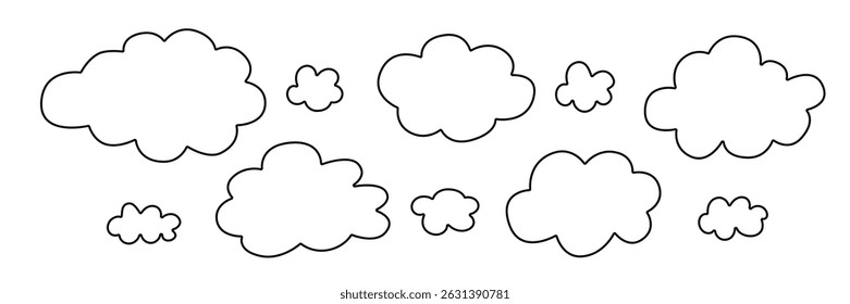 Hand-drawn cloud outlines vector illustration. Simple cartoon-style clouds arranged playfully in different sizes.