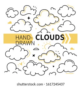 Hand-drawn clouds collection - set of vector linear elements isolated on white background. Cloudy weather cartoon symbols, cumulus of different forms and shapes. Cloudscape, sky items