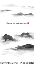 Hand-drawn of clouds, fog, and mountains ink-wash painting. The Chinese ink-wash painting style. 9:16 size vector EPS.