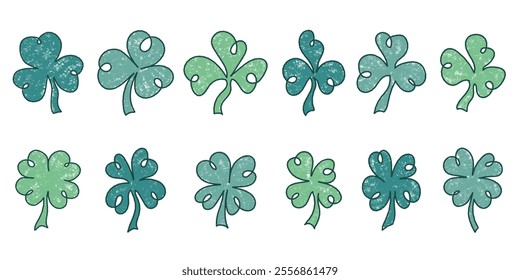 Hand-Drawn Clover Leaves Set in Retro Colors for St. Patrick's Day. Four and three leaf clovers. Vector colorful charcoal drawn doodle elements