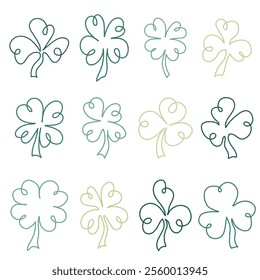 Hand-Drawn Clover Leaves Set in Retro Colors for St. Patrick's Day. Four and three leaf clovers. Vector colorful charcoal drawn doodle elements