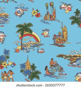 Padrão de camisa de aloha de paisagem costeira desenhada à mão,