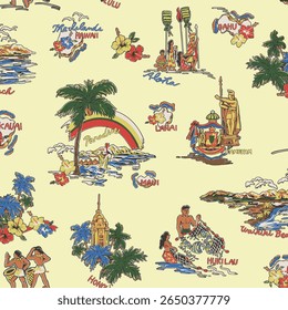 Padrão de camisa de aloha de paisagem costeira desenhada à mão,