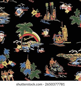Padrão de camisa de aloha de paisagem costeira desenhada à mão,