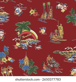 Padrão de camisa de aloha de paisagem costeira desenhada à mão,