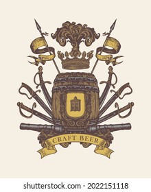 Hand-drawn coat of arms for a craft beer on an old paper background in vintage style. Vector brewery emblem with a wooden barrel, crown, spears, sabers, swords, cannons, ribbon and knightly shield