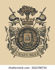 Handgezeichnetes Wappen für Handbier im Vintage-Stil auf altem Papierhintergrund. Kräuterbrauerei mit Holzfass, Löwen, Flaggen, Speeren, Kronen und alten Gebäuden auf einem Ritterschild