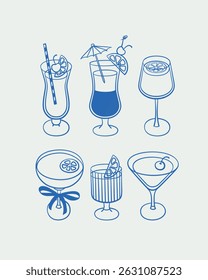 Hand-drawn cocktail illustrations. Line art, ink, minimalist style. Vector illustration. Summer collection.