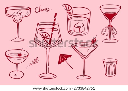 Hand-drawn cocktail illustrations on pink background with cheerful theme