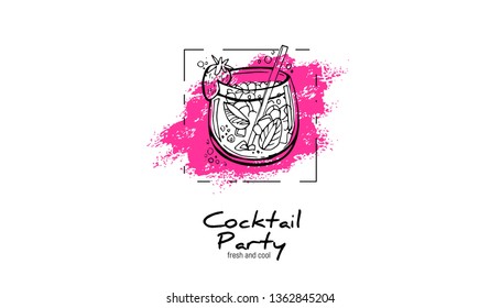 Hand-drawn cocktail on grunge background. Party label, design for cocktail menu or advertising. Decorative print for clothes 