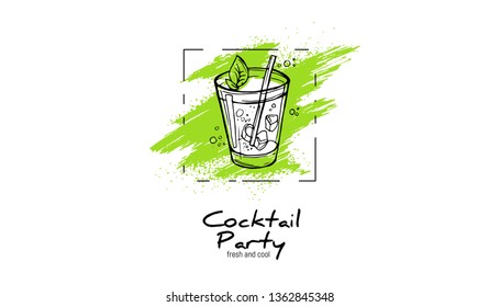 Hand-drawn cocktail on grunge background. Party label, design for cocktail menu or advertising. Decorative print for clothes 