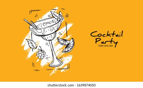 Hand-drawn cocktail on grunge background. Party label, design for cocktail menu or advertising. Decorative print for clothes 