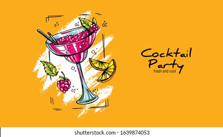 Hand-drawn cocktail on grunge background. Party label, design for cocktail menu or advertising. Decorative print for clothes 