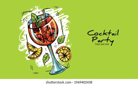 Hand-drawn cocktail on grunge background. Aperol Spritz. Party label, design for cocktail menu or advertising. Decorative print for clothes 
