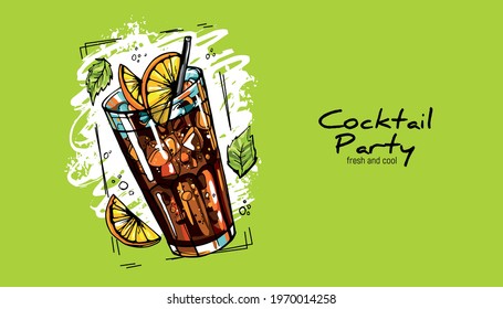 Hand-drawn cocktail on grunge background. Party label, design for cocktail menu or advertising. Decorative print for clothes