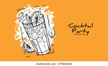 Hand-drawn cocktail on grunge background. Party label, design for cocktail menu or advertising. Decorative print for clothes