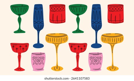 Hand-drawn cocktail set in funky cartoon style — vintage glassware with tropical summer drinks and aperitifs. Hippie groovy vibe for retro-themed projects and menus