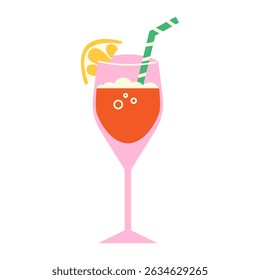 hand-drawn cocktail with a straw and lemon in a flat style is isolated