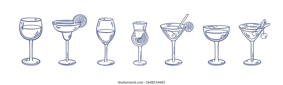 Coquetel desenhado à mão e vidro de vinho conjunto ilustração vetorial. Bebidas estilo esboço Doodle com margarita, martini, vinho, e mocktail, limonchello. Perfeito para bar, menus, festa, convites, restaurante