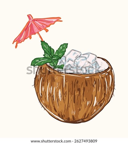 Hand-drawn coconut drink with ice, mint, and umbrella. Ideal for summer ads, tropical menus, travel blogs, and cocktail-themed designs.