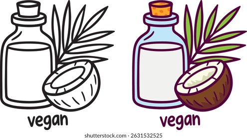 Hand-drawn coconut milk bottle with tropical leaves and fruit. Vegan plant-based drink. Isolated on white background.