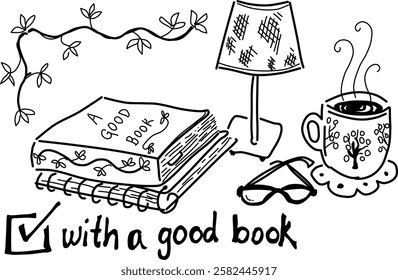 Hand-drawn coffee with "A Good Book" vector doodles. Coffee cup, lamp, a good book, and reading glasses. For coffee lovers who also love to read.