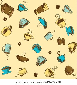 Hand-drawn Coffee  and Accessories Sketchy Icons and Seamless Pattern. 