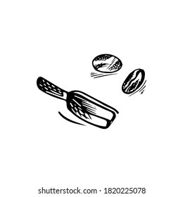 Hand-drawn coffee beans and spatula.
Vector illustration in a graphic style.