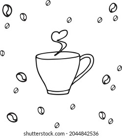 Hand-drawn coffee beans and a steamed coffee cup in the shape of a heart. Vector doodle illustration. A black-and-white image isolated on a white background. A symbol of cheerfulness and good mood.