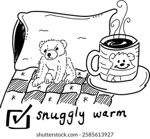 Hand-drawn coffee in bed doodle. Teddy bear, pillow, and a hot cup of coffee. For coffee lovers who like to stay in bed for as long as possible. 