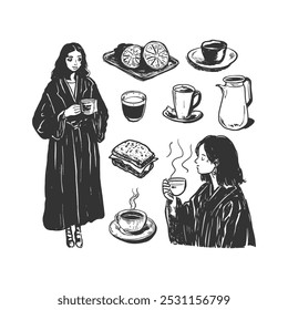 Hand-Drawn Coffee Break Illustration with Women and Beverages. Cozy hand-drawn illustration featuring women enjoying coffee, cups, and sandwiches. Perfect for lifestyle, food, and beverage-related.