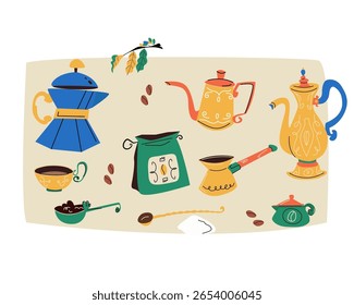 Hand-drawn coffee clipart set featuring moka pots, coffee cups, beans, cezve, spoons, and vintage kettles. Perfect for branding, planners, stickers, scrapbooking. This cozy bundle is for coffee lovers