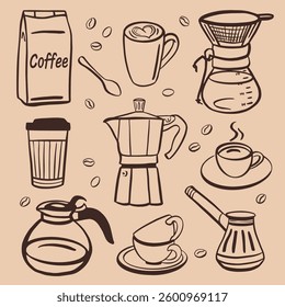 Hand-Drawn Coffee Collection, A cozy and stylish hand-drawn illustration featuring various coffee-related elements, including a coffee bag, espresso cup, cappuccino mug