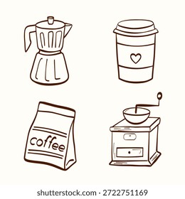 Coleção de café desenhada à mão com espresso, cafeteira, moedor e ícones de café. Adequado para logotipos de cafe, modelos de menu e projetos com tema de barista.