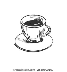 Hand-Drawn Coffee Cup Illustration. A black and white, hand-drawn illustration of a cup of coffee placed on a saucer. The sketch features simple yet detailed lines, ideal for cafe branding, menus