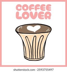 Ilustração de xícara de café desenhada à mão com espuma em forma de coração e texto "Coffee Lover" em uma borda rosa. Perfeito para entusiastas de café, Vetor