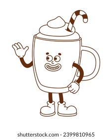 The hand-drawn coffee cup retro character. Vector illustration in trendy retro cartoon style. Love, Valentine's Day.