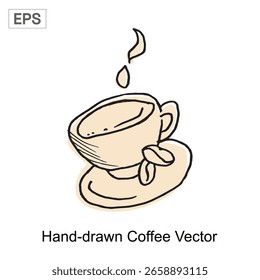 Hand-drawn Coffee Cup with Steam and Beans