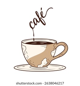Hand-drawn coffee cup with stylish café text rising like steam, artistic vintage design perfect for coffee shop logos, drink branding, or cozy café promotional materials.