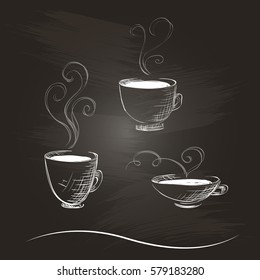 Hand-drawn coffee cups in a sketch style with curly steam and decorated with waving line. Isolated on a chalkboard.