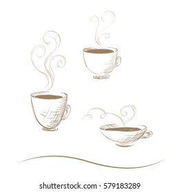 Hand-drawn coffee cups in a sketch style with curly steam and decorated with waving line. Isolated.