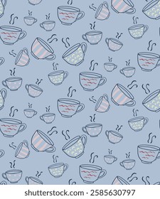 Hand-drawn coffee cupsand steam pattern. Sweet, charming, and cozy design for cafe or food projects
