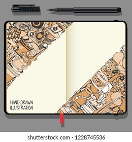 Hand-Drawn Coffee Doodle Collection. Vector Cookbook, Notebooks with Exclusive Coffee Illustration.