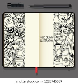 Hand-Drawn Coffee Doodle Collection. Vector Cookbook, Notebooks with Exclusive Coffee Illustration. Black and White illustration.