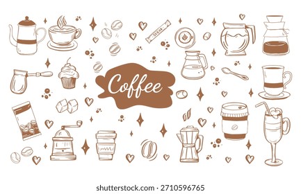 A hand-drawn coffee doodle icon set featuring cups, beans, drinks, pots, grinders, and cafe elements—perfect for menus, branding, packaging, illustrations, and creative design projects.