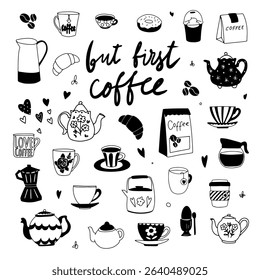 Hand-drawn coffee doodle set with cups, teapots, croissants, beans, and coffee quotes. Cute black and white sketch elements perfect for café designs, stickers, and coloring pages.