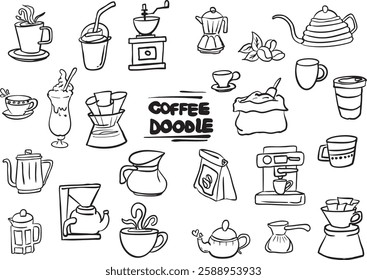 Hand-drawn coffee doodle set featuring various coffee-related elements such as coffee cups, espresso machines, coffee beans, mugs, teapots, and barista tools. Perfect for café branding, coffee shop me