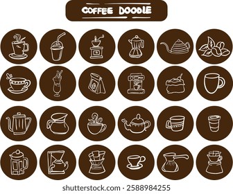 Hand-drawn coffee doodle set featuring various coffee-related elements such as coffee cups, espresso machines, coffee beans, mugs, teapots, and barista tools. Perfect for café branding, coffee shop me