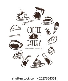 Hand-drawn coffee and eatery doodle set.