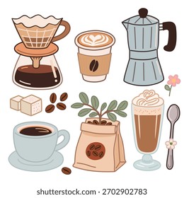 Conjunto de elementos de café desenhado à mão com xícaras, feijões, ferramentas de cerveja e café essenciais em um estilo bonito plano. Adequado para marcas, adesivos, menus, embalagem e aconchegantes projetos temáticos de café.
